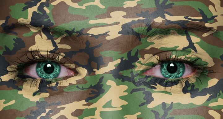 A face covered with green camouflage facepaint