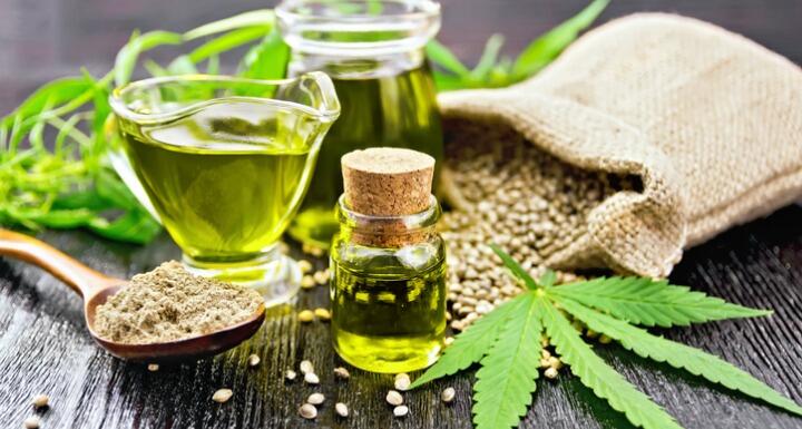 Display of hemp leaves, seeds, and products