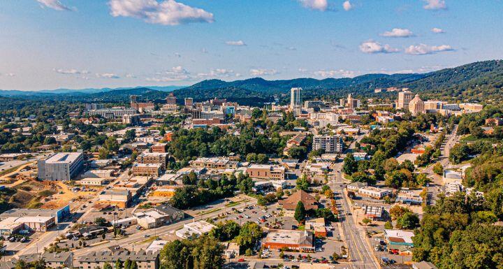 High Angle View of South Downtown Asheville, North Carolina from the South on a Sunny Day