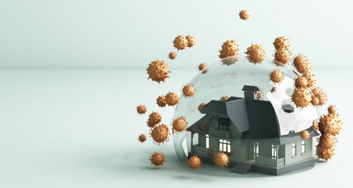 A toy house under a glass dome with small prickly spheres representing the covid virus on the outside of the dome