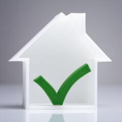 Small white house on a tabletop with a green check mark on the house