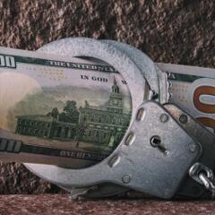 Hundred dollar bills in handcuffs