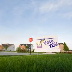 Image of a lawn sign in a neighborhood reading Vote Yes