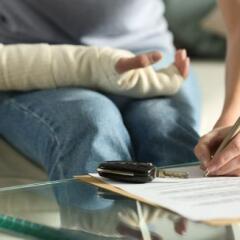 Lady with broken arm signing insurance document after car accident