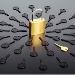 Locked padlock surrounded by a group of black keys with one golden key