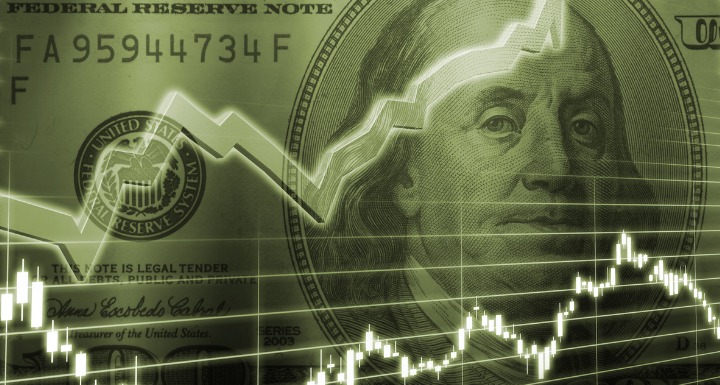 Green 100 bill with stock market graphs overlaid in front of the bill