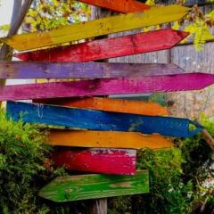 Multiple blank signs on a wooden pole in green area