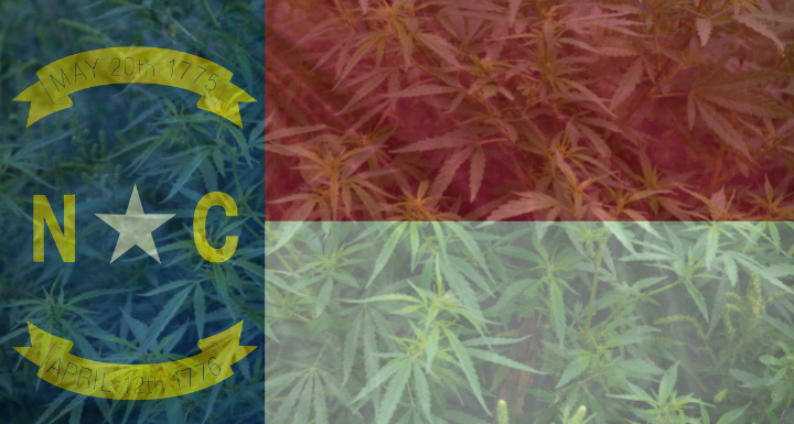 North Carolina Flag Superimposed over hemp plants