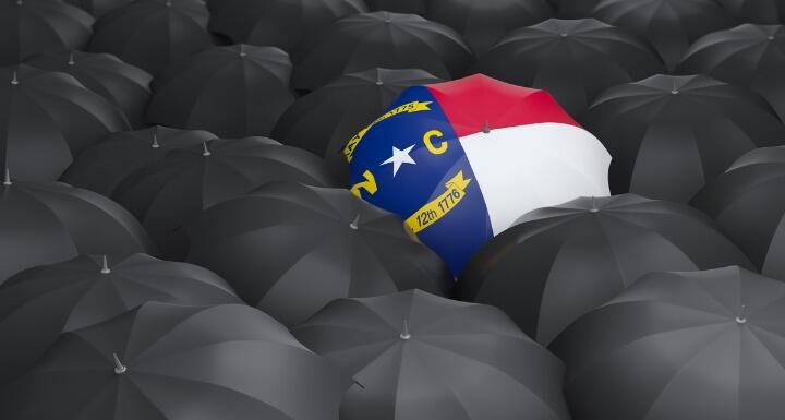 A sea of open black umbrellas and one umbrella with the North Carolina flag on it in the top right quadrant