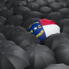 North Carolina Flag as umbrella surrounding by black umbrellas