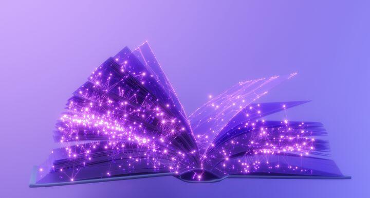 Open Book With Connection Dots And Plexus Lines On Purple Background