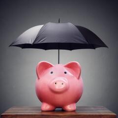 A pink ceramic piggy bank under a black umbrella signifying financial safety net