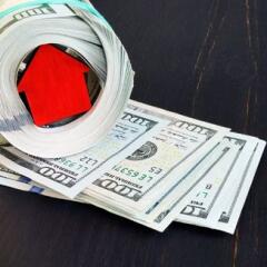 Pile of cash and figure of house.