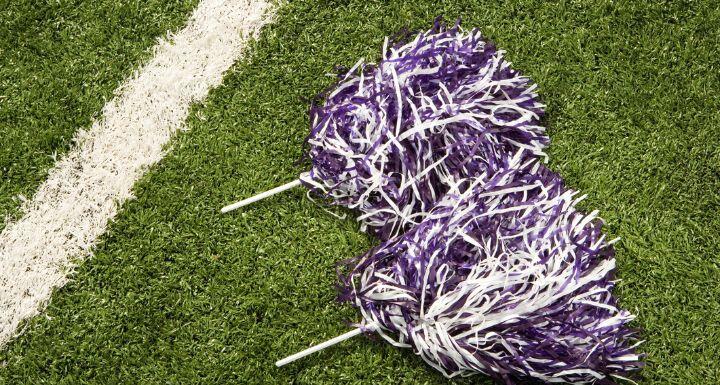 Purple and White pom poms on a football field