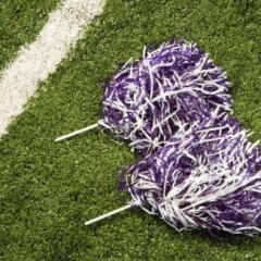 Purple and White pom poms on a football field