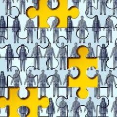 Puzzle pieces with workers on the piece