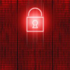 Red neon locked padlock icon in front of binary code
