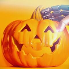 Robotic arm holding halloween jack-o-lantern