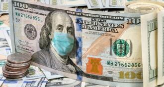 One hundred dollar bill standing upright with a stack of quarters in front of and both are on a layer of one hundred dollar bills