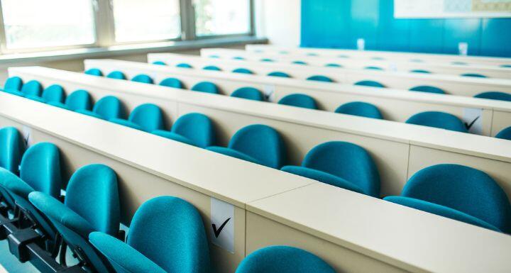 Blue seats in classroom