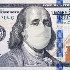Illustration of a hundred dollar bill with Ben Franklin wearing a medical mask in response to COVID-19