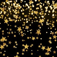 Dozens of sparkling gold stars falling in front of a black back ground