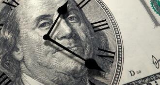 A one hundred dollar bill with a clock face on it.