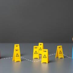 Two wooden figures navigating through obstacles