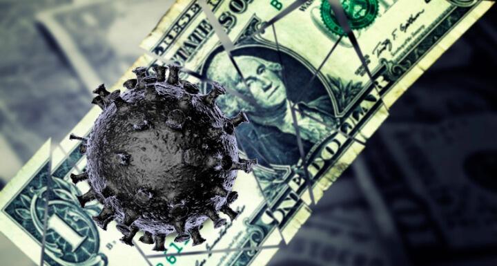 Illustration of a virus on top of a dollar bill