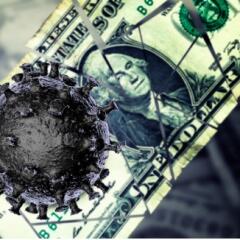 Illustration of a virus on top of a dollar bill