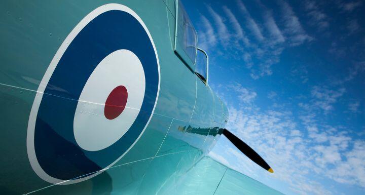 Wide-angle view of the side of a Supermarine Spitfire Type 300 Prototype fighter aircraft