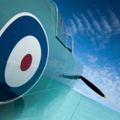Wide-angle view of the side of a Supermarine Spitfire Type 300 Prototype fighter aircraft