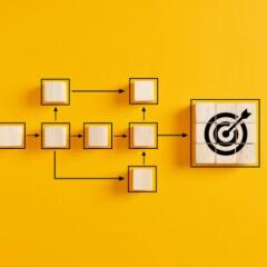 Wooden cubes representing work process management and target icon on yellow background