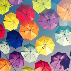 Looking up in the sky at the underside of umbrellas colored yellow red blue purple and orange