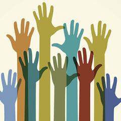 Silhouette of hands being raised and each hand is a different color