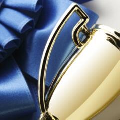 Trophy with a blue ribbon