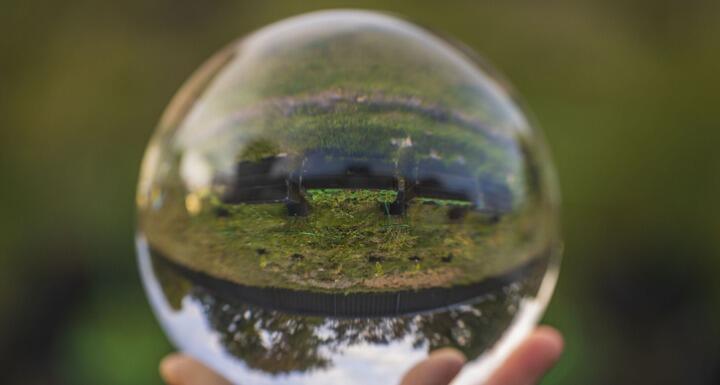 crystal ball with inverted image of green natural landscape