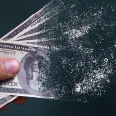 dollar bills disappear on a blue background