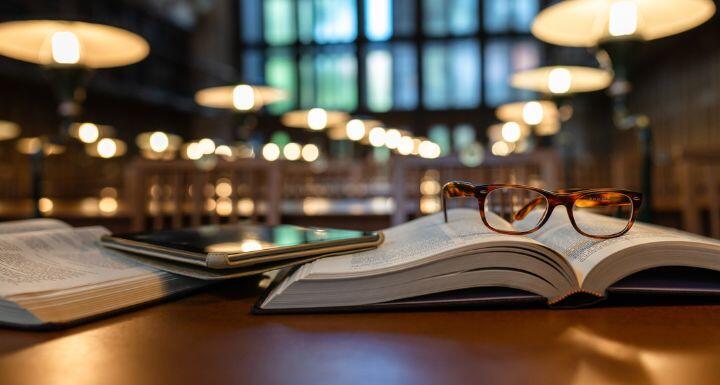 glasses, books, and tablet on desk