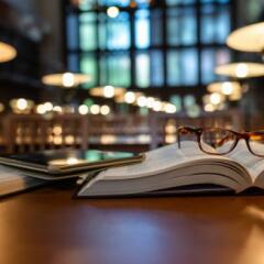 glasses, books, and tablet on desk