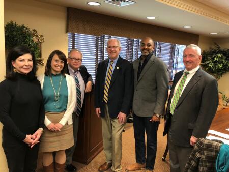 Left to right are: Anne Sorhagen, NCCF regional director; Kristi Sullivan, board president; Steve Gaskins, board member; Judge J.H. Corpening, II; Patrick Boykin, board vice president; and Frank Gibson, member of both the NHCCF and the statewide board.