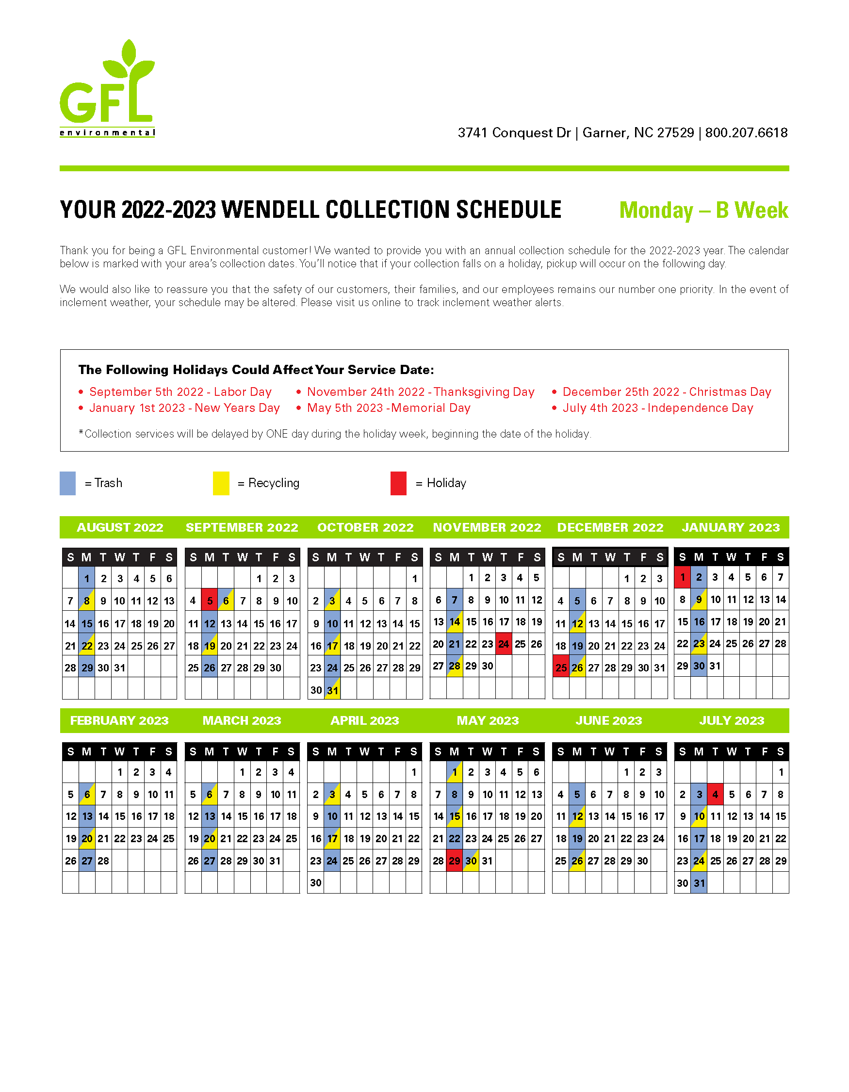 Monday B-Week Waste Collection Calendar 