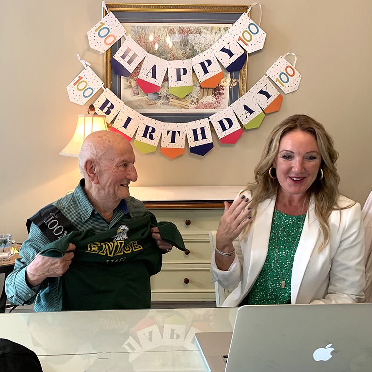 Enloe’s current principal Jaqueline Jordan joined Mr. Kahdy for a remote celebration for his 100th birthday.