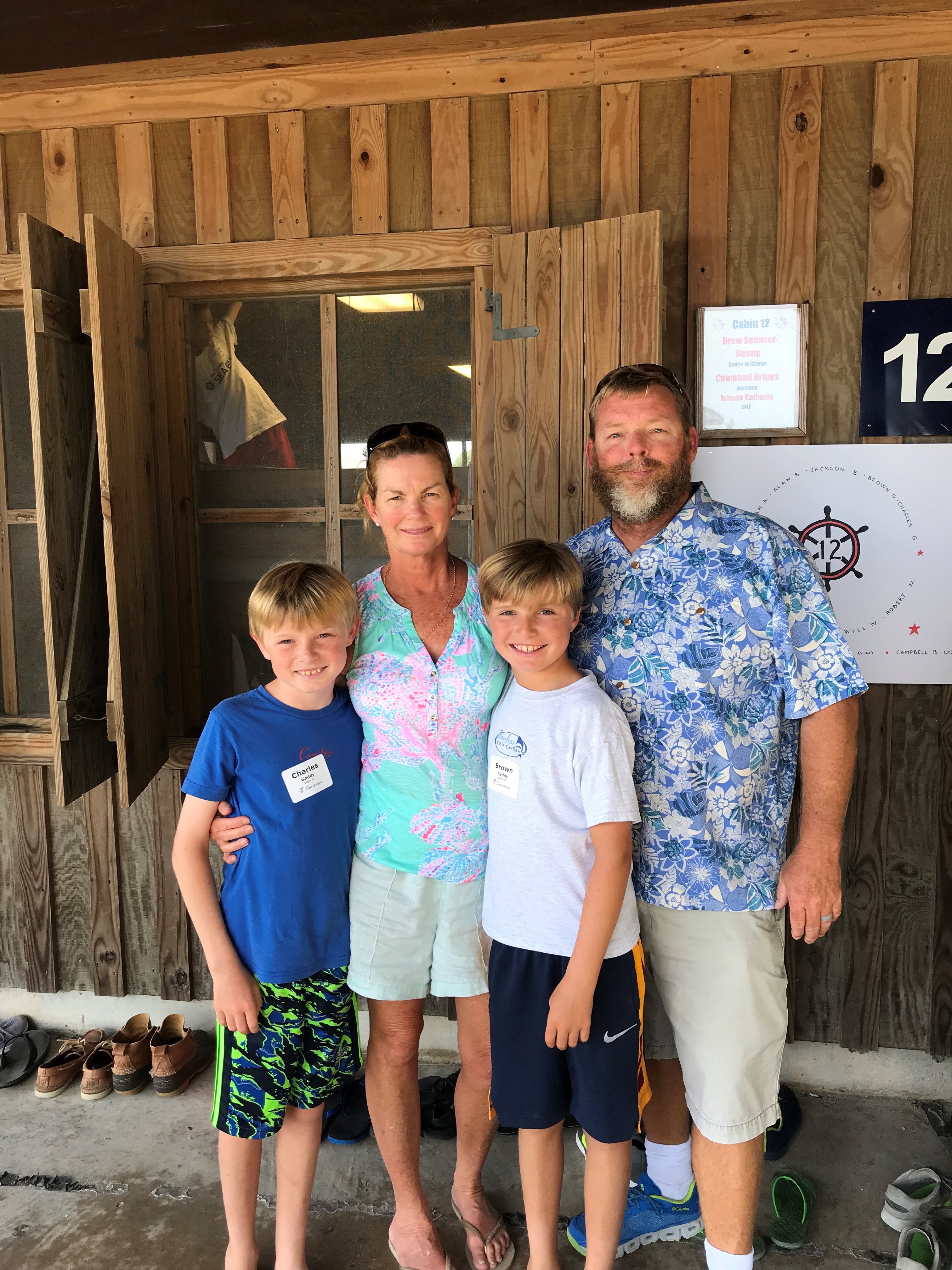 The Gaddy Family at Camp Sea Gull, summer of 2018, with their 10 year old twin boys. Left to Right: Charles, Nancy, Brown and Fin Gaddy.