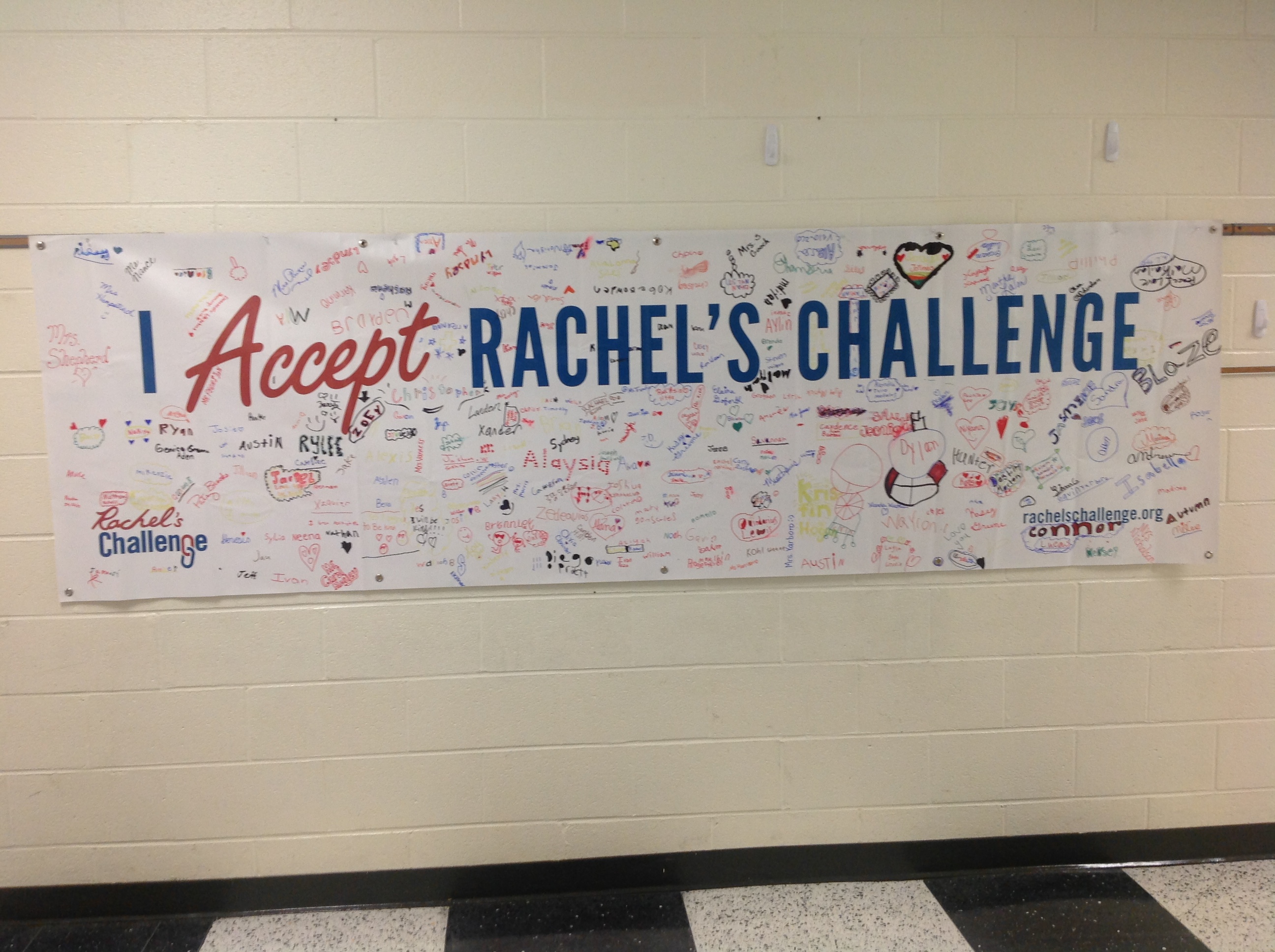 All the students have signed the banner to accept Rachel’s Challenge at Page Street Elementary.