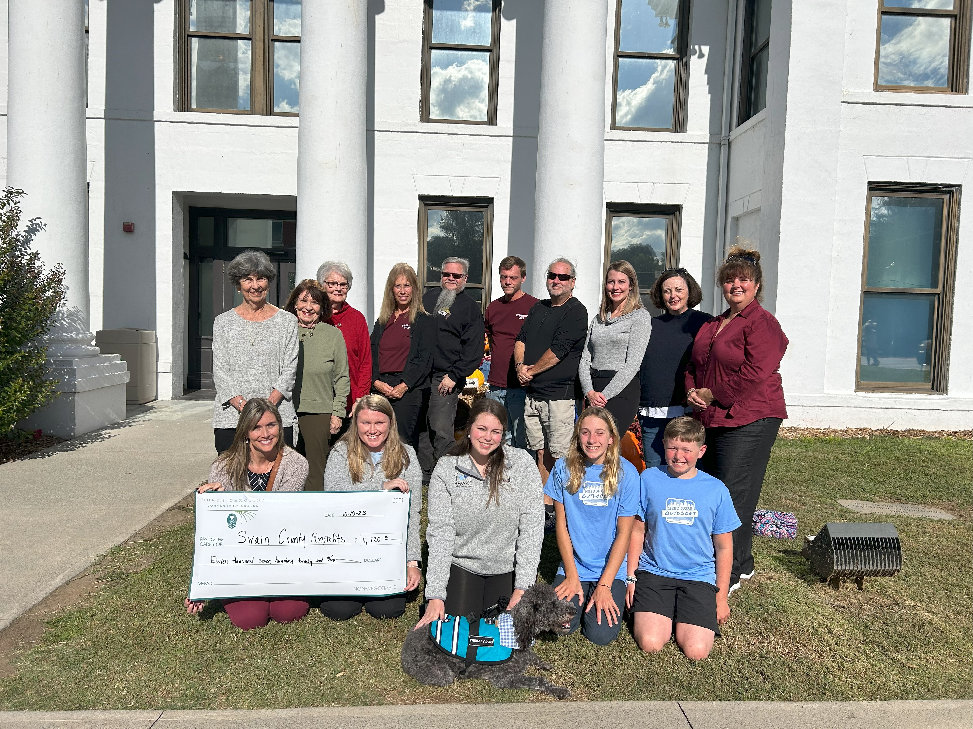 Front row, from left: Crystal Jones, Kristen Brady and Maggie Grey of AWAKE, Ivy and Vance Lenz of Need More Outdoors. Back row, from left: Sallee Coss, Michelle Alderson and Sara Stevens of Hospice House foundation of WNC, Inc., Chris Roth, Donno Layton and Ricky Sanford of Smoky Mountain Community Theater, Dan Manley of Bryson City Food Pantry, Kara Long of Hawthorn Heights WNC, Karen Proctor, SCCF president and Cindy Thompson, SCCF.