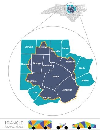 Map of NC that shows the area covered by the Triangle Regional Model, Includes Wake, Orange, Durham and Johnston Counties and parts of Chatham, Alamance, Franklin, Granville