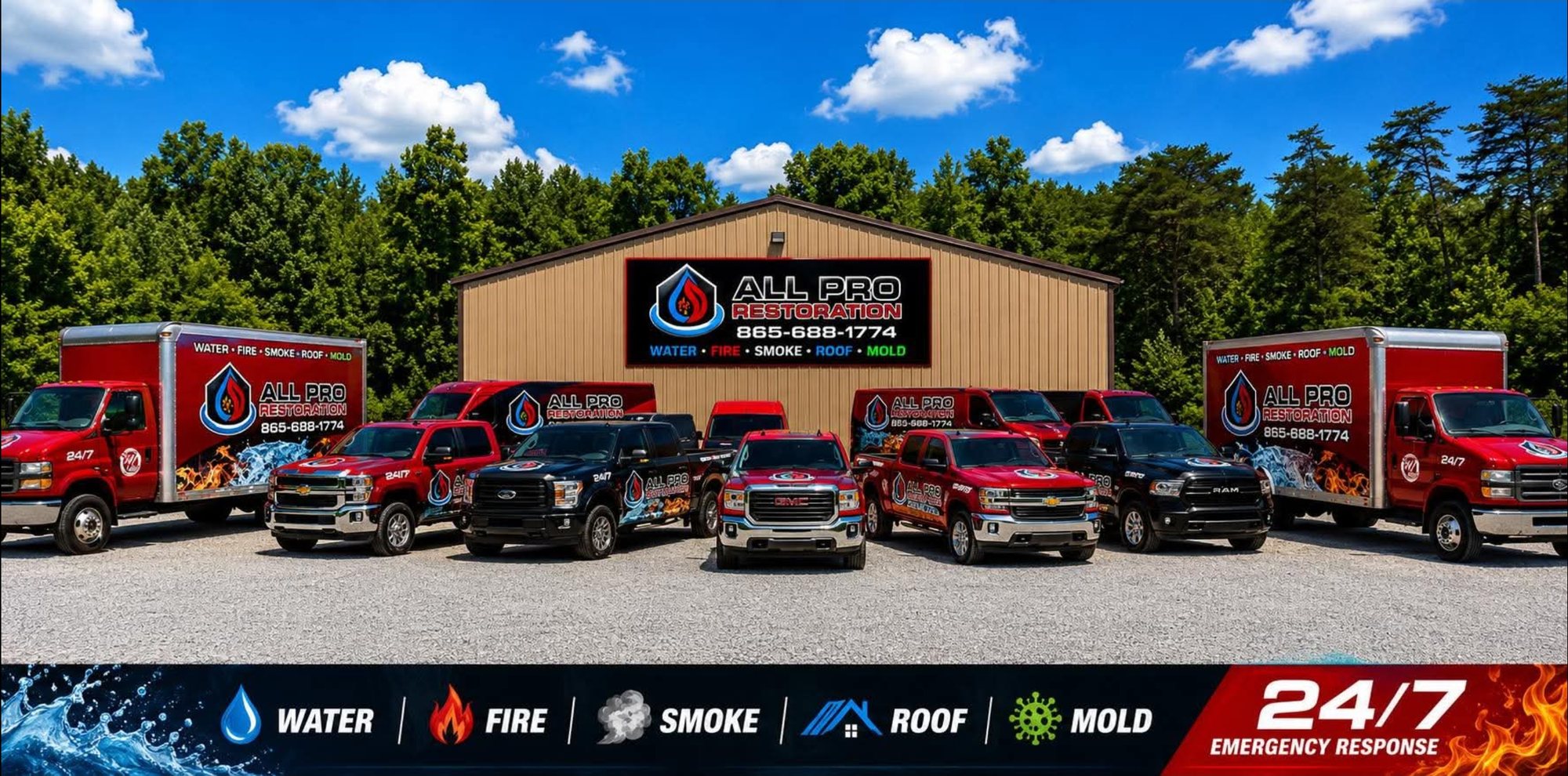 All Pro Restoration emergency response fleet in front of the Lenoir City facility