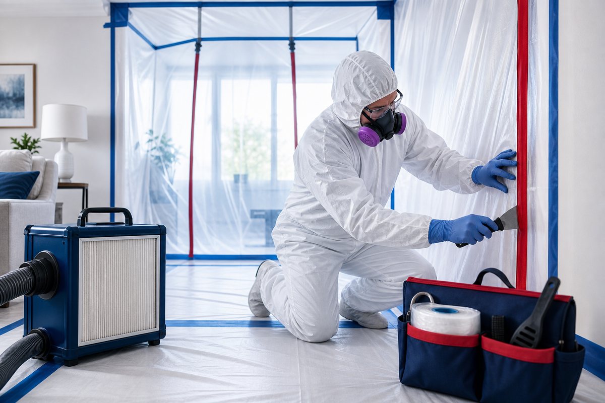 Illustration of professional asbestos abatement safety and containment