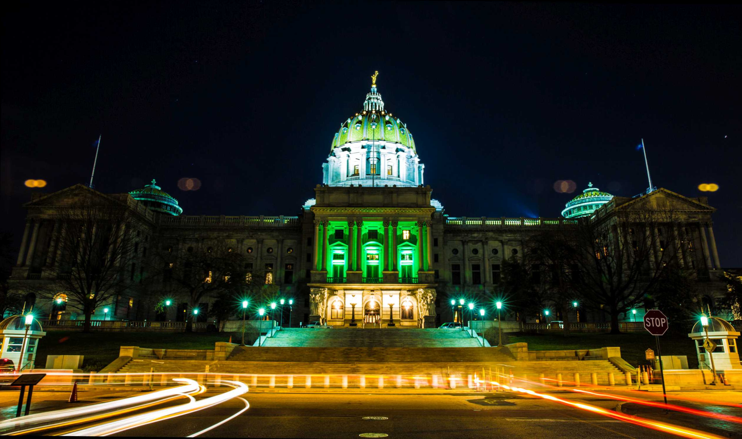 The State Capitol in neighboring Pennsylvania lit to celebrate passing of medical marijuana legislation in the House in March 2016.